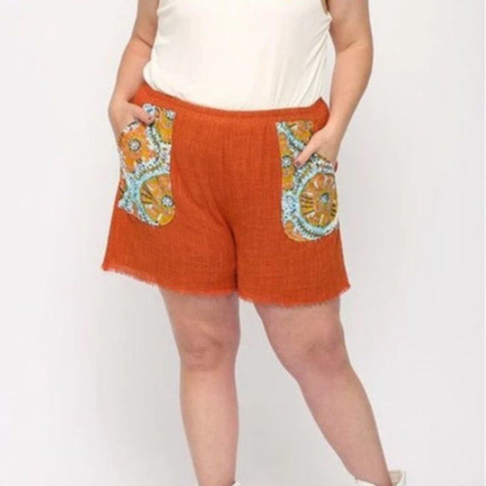 ***** GiGio  Red Clay Printed Pockets Linen Elastic Waist Shorts  5094  XL 16-18